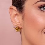 Brinco Quartzo Oliva, Quartzo Champanhe, Ametista e Diamante em Ouro Amarelo