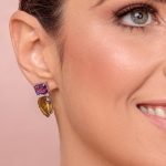 Brinco Gota Quartzo Oliva, Ametista e Diamante em Ouro Branco