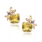 brinco pÉTALAS DE QUARTZO OLIVA, AMETISTA, QUARTZO CHAMPANHE E DIAMANTE EM OURO AMARELO