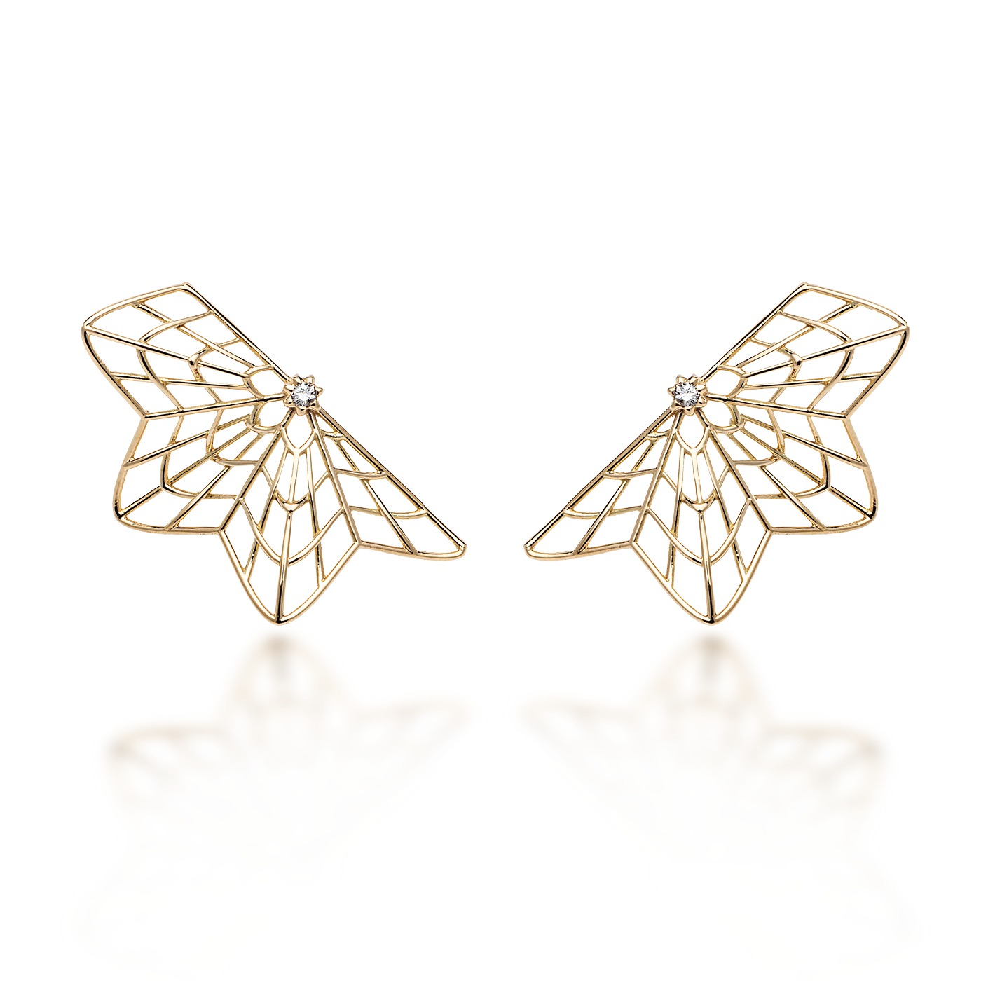 Brinco leque de filigrana e diamante em ouro amarelo